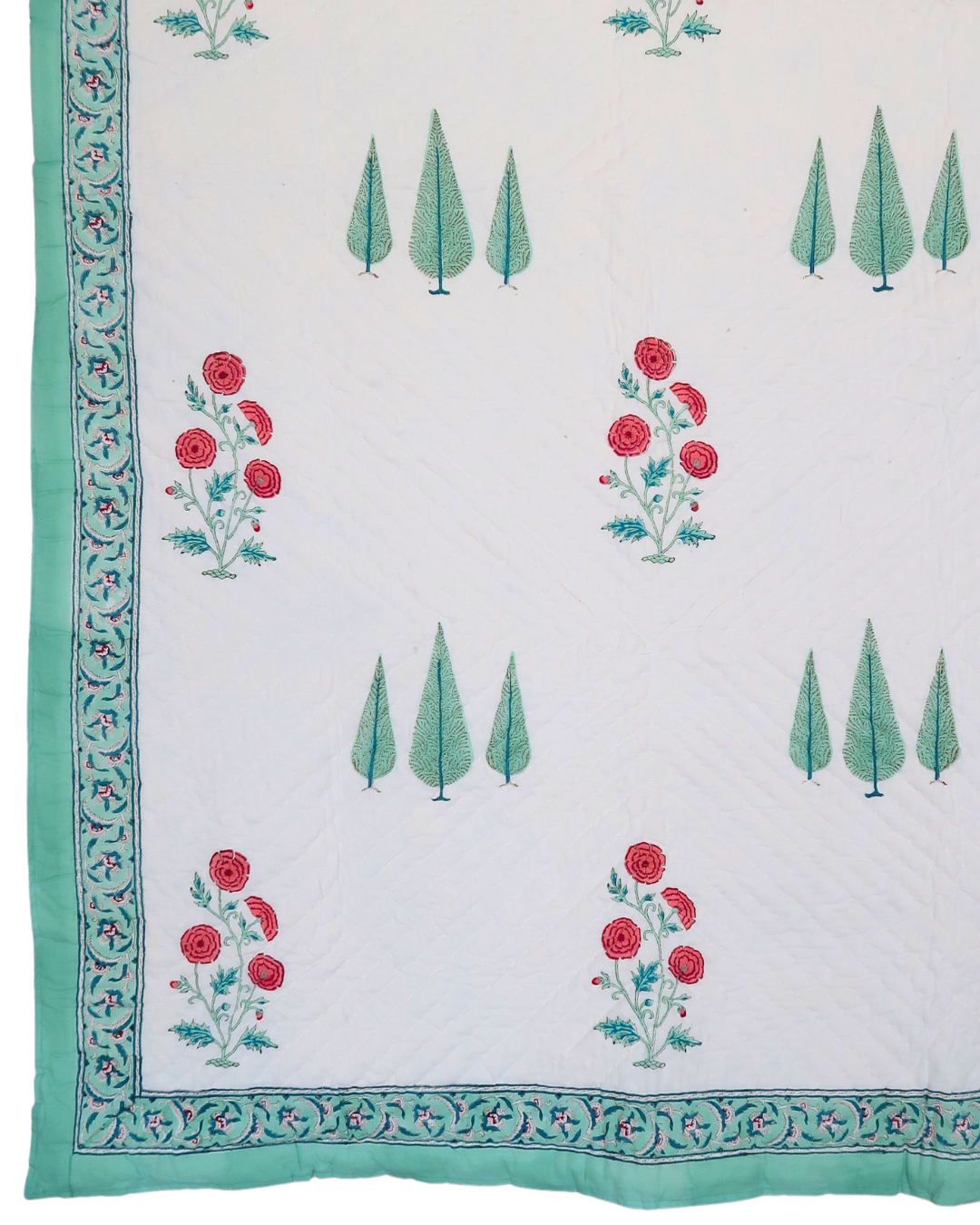 Pink and Mint Floral Handblock Printed Quilt