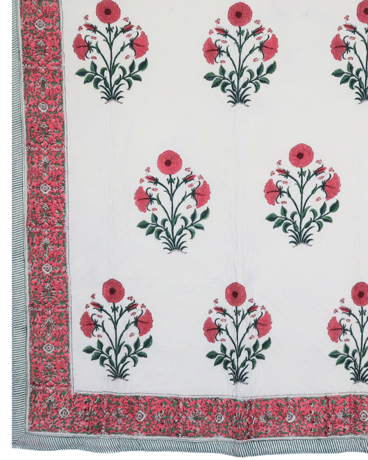 Pink Floral Handblock Printed Quilt