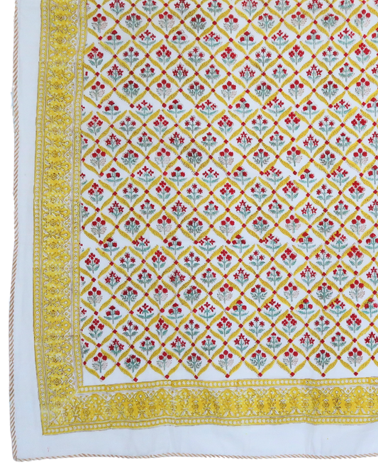 Yellow Floral Handblock Printed Quilt