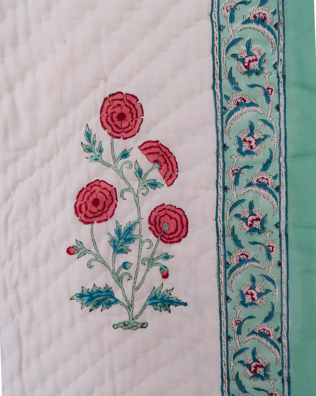 Pink and Mint Floral Handblock Printed Quilt