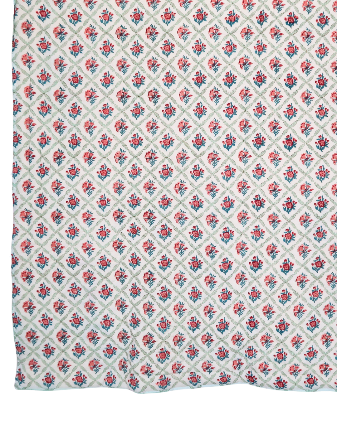 Pink and Mint Floral Handblock Printed Quilt