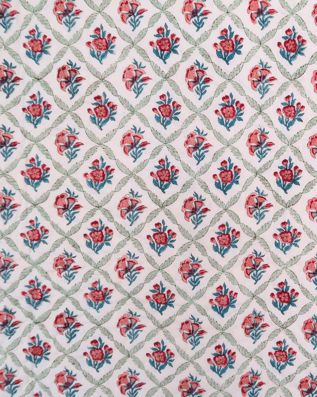 Pink and Mint Floral Handblock Printed Quilt